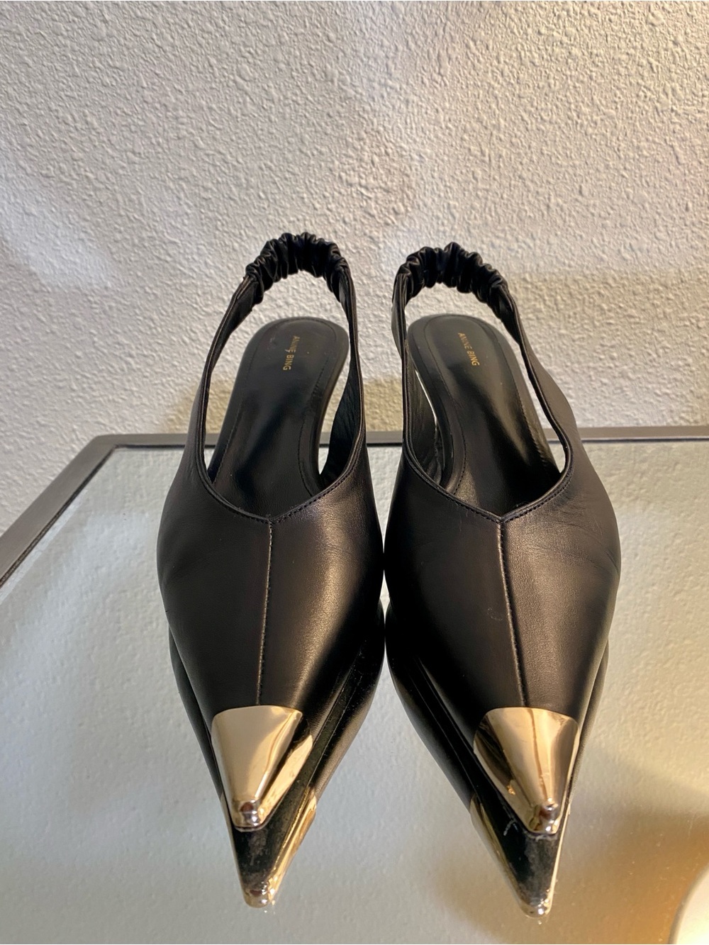 Anine Bing Black Pointed Toe Slingback  Nina Heels Gold Cap EU 39 US 8 - 8.5